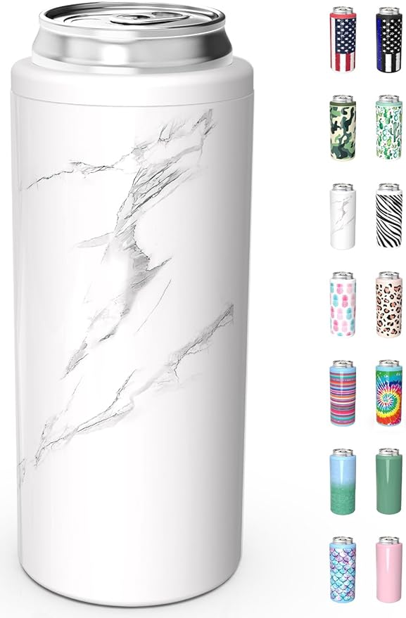 TILUCK Skinny Can Cooler for Slim Beer & Hard Seltzer, Stainless Steel, Doucle-Walled Stainless Steel Insulated Slim Cans, Standard 12 oz (Marble)