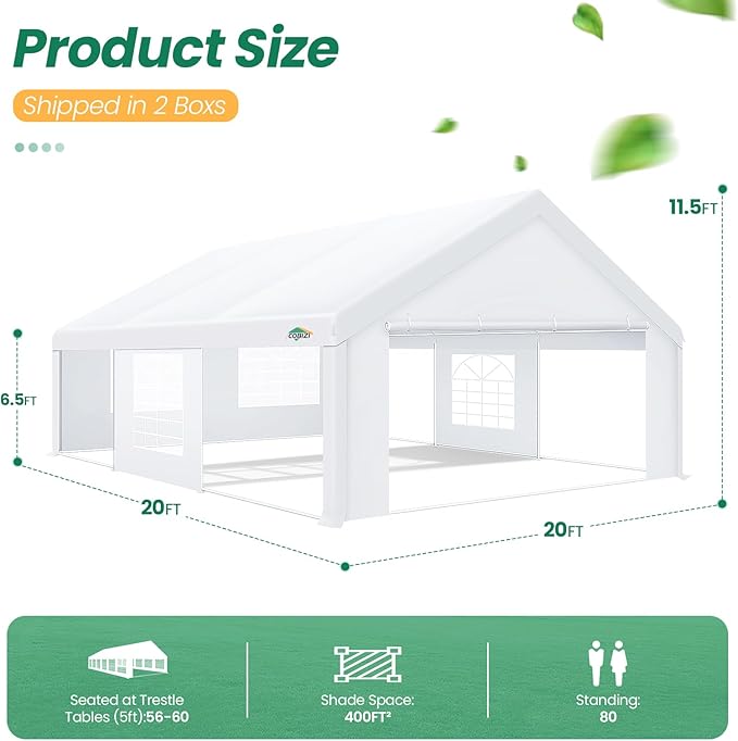 COBIZI 20x20 Party Tent Heavy Duty, Large Outdoor Wedding Tents for Parties with 6 Sidewalls & Built-in Sandbags,Waterproof Event Canopy Gazebo Temporary Shelter Carport,Camping,Patio,Windproof