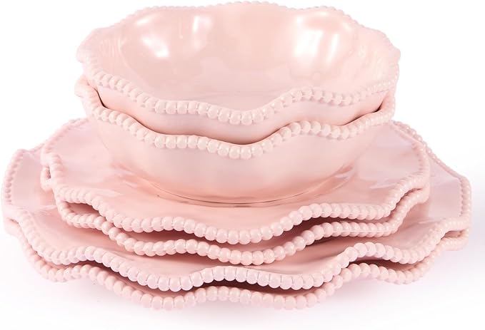 ADSURMELA 6-Piece Pink Melamine Dinnerware Set, Service for 2, Beaded Edge Scalloped Plates with Silver Glitter, Heavy Duty Shatterproof Unbreakable, Elegant for Bridal Shower Wedding Party Outdoor