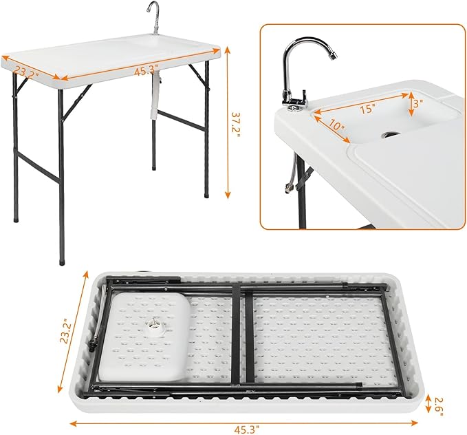 Portable Camping Folding Fish Cleaning Table with Sink & 360-Degree Rotatable Stainless Steel Faucet, Drainage Hose Included - Outdoor Fillet Table for Picnic, Beach & Patio