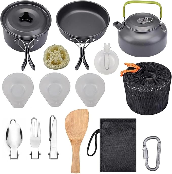 Camping Cookware Set Picnic Cooking Pots Set Outdoor Hiking BBQ Tableware with Pan Kettle Stove Set Camping Tourism Supplies Kit (Color : A) (A)