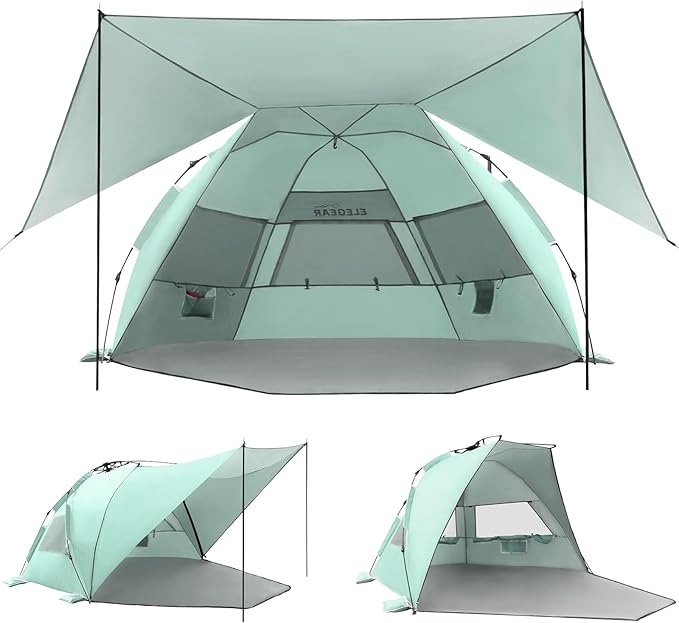 Elegear Beach Tent with Canopy, 1-Second Setup Pop Up Sun Shelter Shade, UPF 50+ UV Protection Silver-Coated Lightweight Portable Beach Cabana