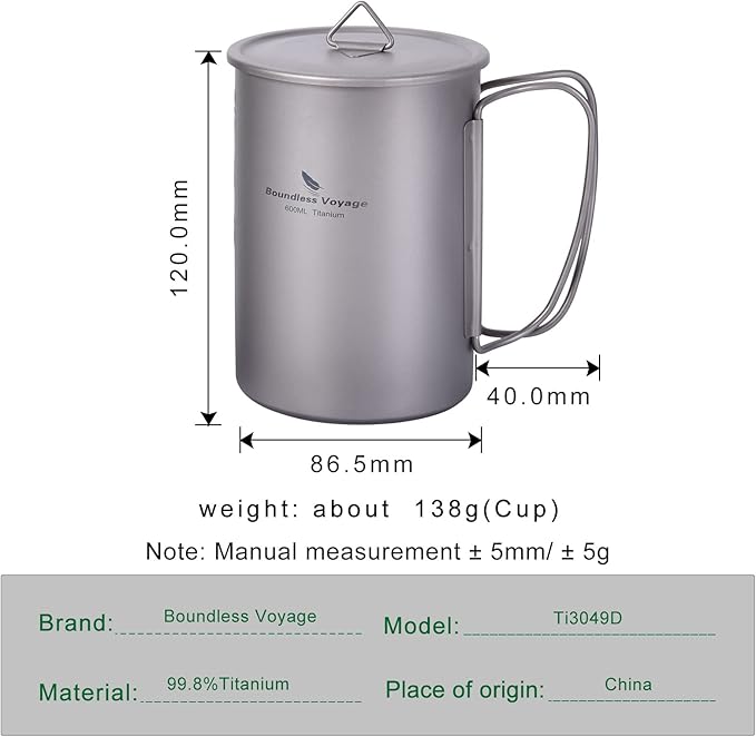 iBasingo Titanium Mug 600ml Camping Cup Outdoor Single Layer Wide Mouth Cookware Lightweight Portable Drinkware Hiking Picnic Solo Cooking Kit Ti3049D