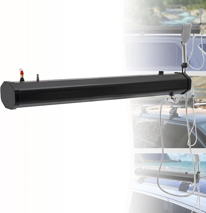Pressurized Water Tank for Camping Shower, Solar Shower Roof Rack Mount Road Shower with Water Pipe & Shower Headt, Portable Camping Shower for Vehicle Truck SUV Sedan RV,30L/7.93gal