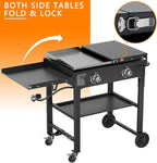 SKOK Foldable Gas Griddle-28 Inch Outdoor Propane Griddle, Portable Flat Top Gas Grill -30000 BTU Propane Fuelled, 2 Burners Table Top Griddle Station with Side Shelves