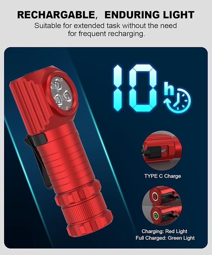 LED Rechargeable Headlamp for Adults - Hard Hat Light Running Head Lamp with Red Light, Magnet, 180° Tilt, 7 Modes, Detachable Flashlight & Headband, Outdoor, Emergency 1PC, Red