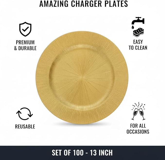 DYRABREST 100 Pcs Gold Charger Plates, 13 Inch Bulk Round Charger Plates Plastic Wedding Dinner Elegant Reusable for Table Setting Wedding Party Event Tabletop Setting Decor (Gold)