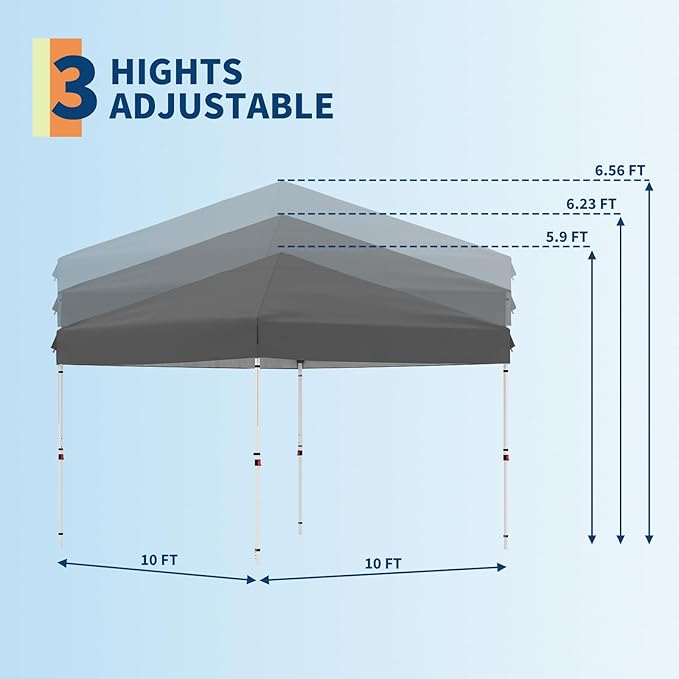 GarveeLife 10x10 Pop Up Canopy with One Button Push Setup - Heavy Duty Outdoor Canopy Tent with Portable Roller Bag - 3 Adjustable Height, 4 Weight Bags, 8 Stakes & 4 Guy Ropes Included, Grey