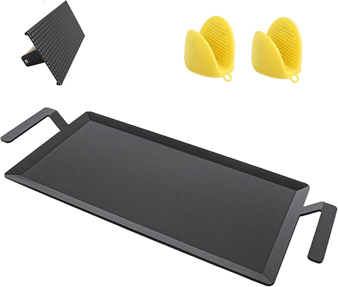 Carbon Steel Double Burner Griddle for Gas Grill–19.6" x 10.5" Flat Top Griddle Pan with Smash Burger Press& Heat Resistant BBQ Gloves,Stovetop & Induction Griddle Plate for Charbroil, Camp Chef