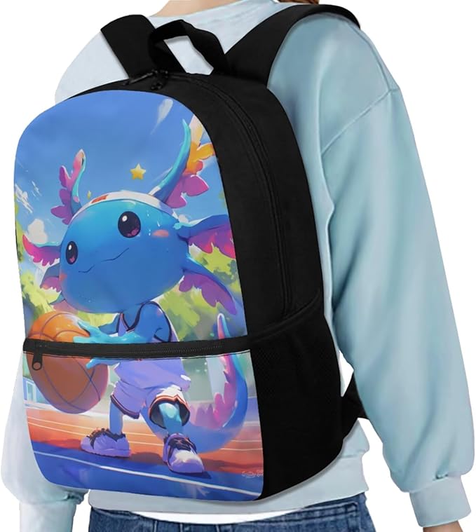 Basketball Axolotl 17" Kids School Backpack for Boys 5th Grade 4 PCS Set Kids' Backpacks & Lunch Boxes Lightweight Book Bags for Boys Shoulder Bags for Travel Hiking Daypack