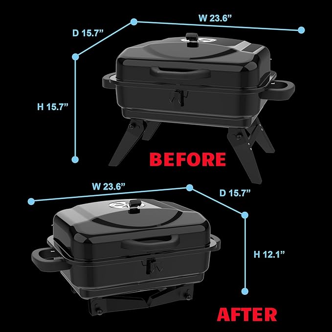 Portable Charcoal Grill with Warming Rack, Small Tabletop Barbecue Grill, Foldable Legs, Adjustable Vent, Total 343 Sq. In.Cooking Space, Outdoor BBQ Grill for Camping and Picnics (Black)