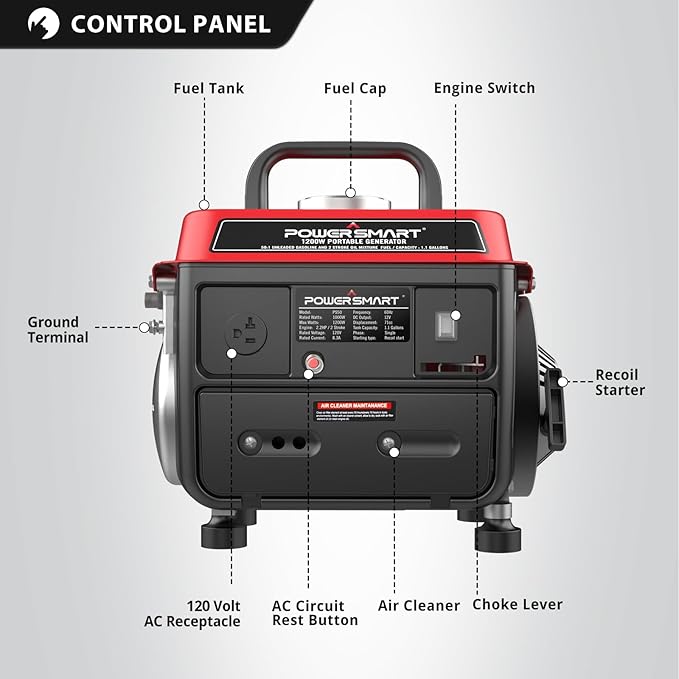 PowerSmart 1200W Portable Gasoline Generator, 71cc 2-Stroke Gas Powered Engine with 900W Rated Power, 50:1 Fuel Mix, 5-Hour Runtime at 50% Load, EPA Compliant for Camping, Tailgating