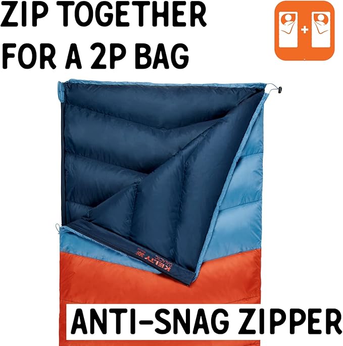 Kelty Galactic Down 30 Degree Sleeping Bag, 550 Fill Power RDS Trackable Down, Backpacking and Camping, Zip Together for 2P Sleeping Bag