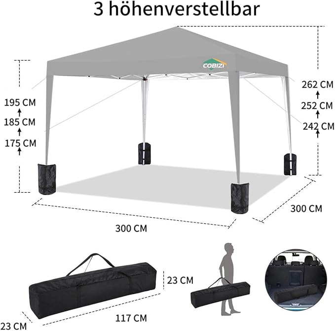 COBIZI 10x10 Pop Up Canopy Tent Without Sidewall, UPF 50+ Waterproof Outdoor Canopy, Instant Tent Portable Canopies Gazebo for Commercial Sun Shade Party Backyard with 4 Sandbags(Gray)