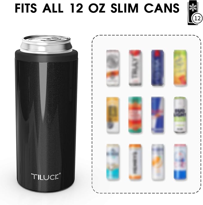 TILUCK Skinny Can Cooler for Slim Beer & Hard Seltzer, Stainless Steel, Doucle-Walled Stainless Steel Insulated Slim Cans, Standard 12 oz (Glitter Black)