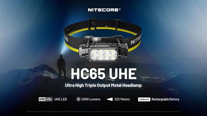 Nitecore HC65 UHE Headlamp, 2000 Lumen Max Heavy Duty Metal, USB-C Rechargeable with White, Red, and Reading Lights for Camping, Hiking, Hunting, and Industrial Works (Black)