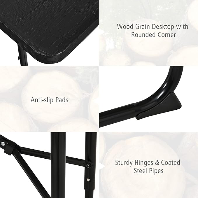 Folding Picnic Table and Bench Set w/Wood Grain for Adults, Indoor & Outdoor Steel Frame Collapsible Camping Table for BBQ, Parties, Camping and Picnic (Black)