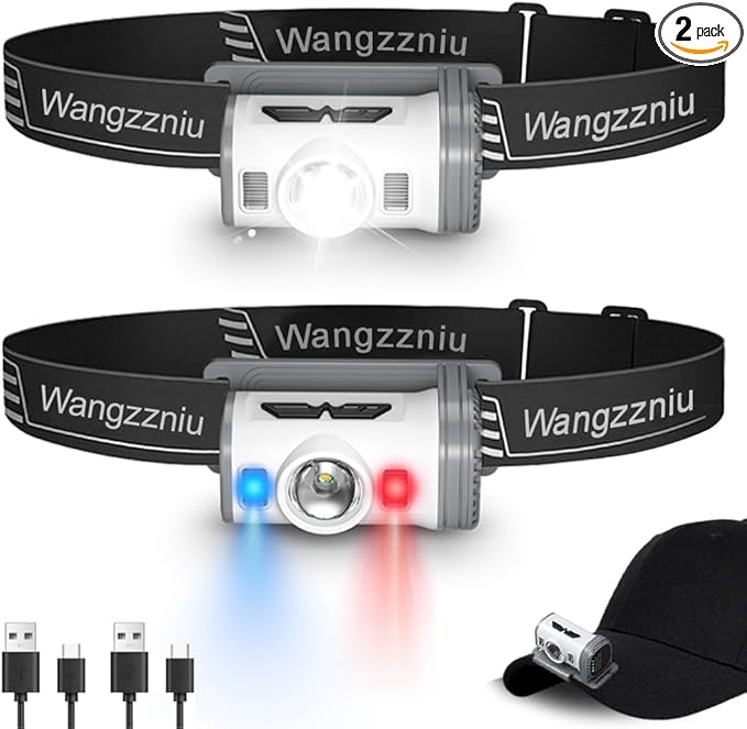 LED Headlamp Rechargeable Type-C, 2 Pack Super Bright Head Lamps, 8 Modes Clip on Head Lightweight Headlight IPX4 Water Resistant for Cycling Running Camping for Kids Adults