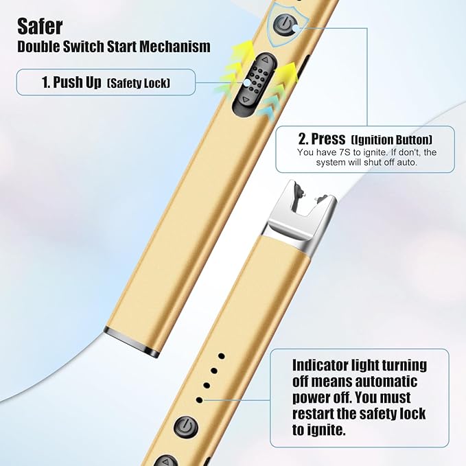 LcFun 2 Pack Candle Lighter USB Rechargeable Electric Plasma Arc Lighters with Safety Lock, Windproof Flameless Long Lighters Matches for Candle, Grill, BBQ, Camping, Gas Stoves (Black, Gold)