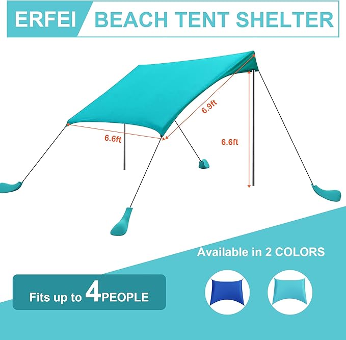 Beach Tent Sun Shelter UPF50+ with Sandbags, Sand Shovel & Windproof Poles - Portable Pop Up Canopy for Beach, Camping, Picnics, Backyard & Fishing (Cyan,6.9x6.5FT)