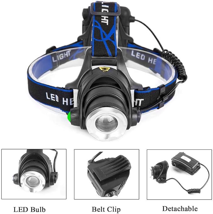 Blue LED Headlamp Flashlight Water Resistant Zoomable 3 Modes Blue Head Lamp for Fishing Hunting Outdoor Activities
