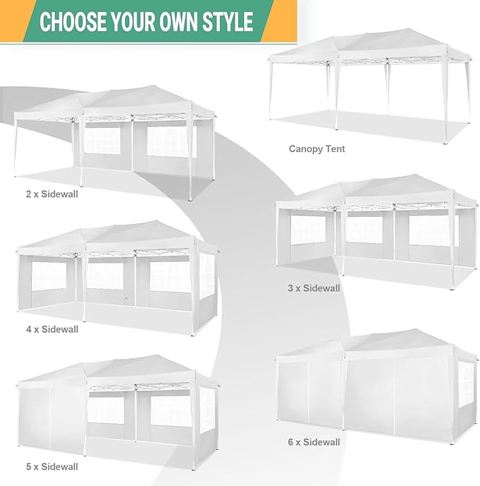 COBIZI 10x20 Pop Up Canopy Tent Commercial Instant Shelter with 6 Sidewalls, Durable Waterproof Portable Gazebo UPF 50+ for Outdoor Party, Wedding, Vendor Events (White)