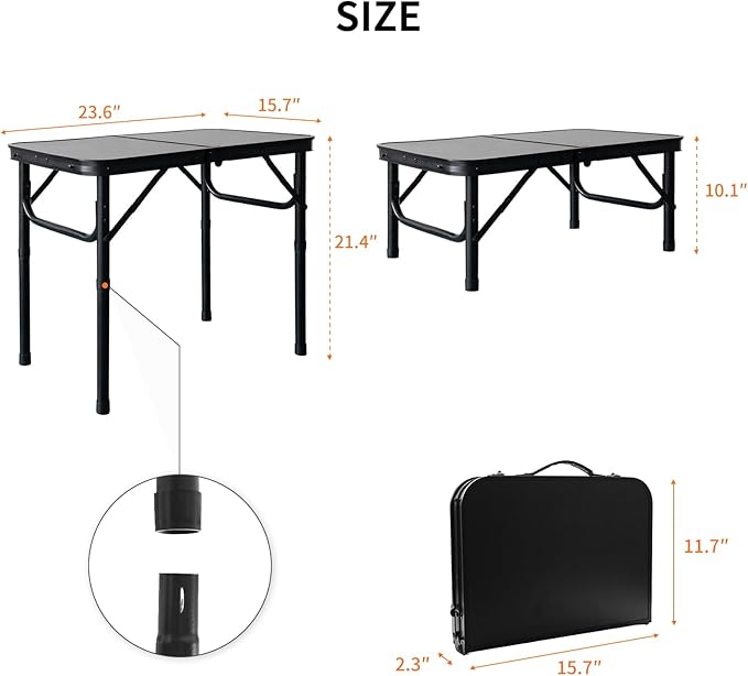2FT Small Camping Portable Table, Black Aluminum Frame, Adjustable Height up to 21", Lightweight Carry Handle, Portable for Travel, Camping Outdoor Use