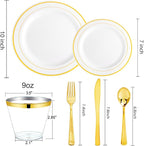 bUCLA 150PCS Gold Plastic Dinnerware Set Disposable - Heavy Duty Gold Plates Include 25 Dinner & 25 Dessert Plates,25 Forks,25 Knives,25 Spoons&25 Cups for Party&Wedding