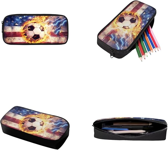 3 Set American Flag and Fire Football Print Backpack Set with Lunch Box and Large Capacity Pencil Case, Kids Book Bag Set for Boys, School Supplies Festival Gift