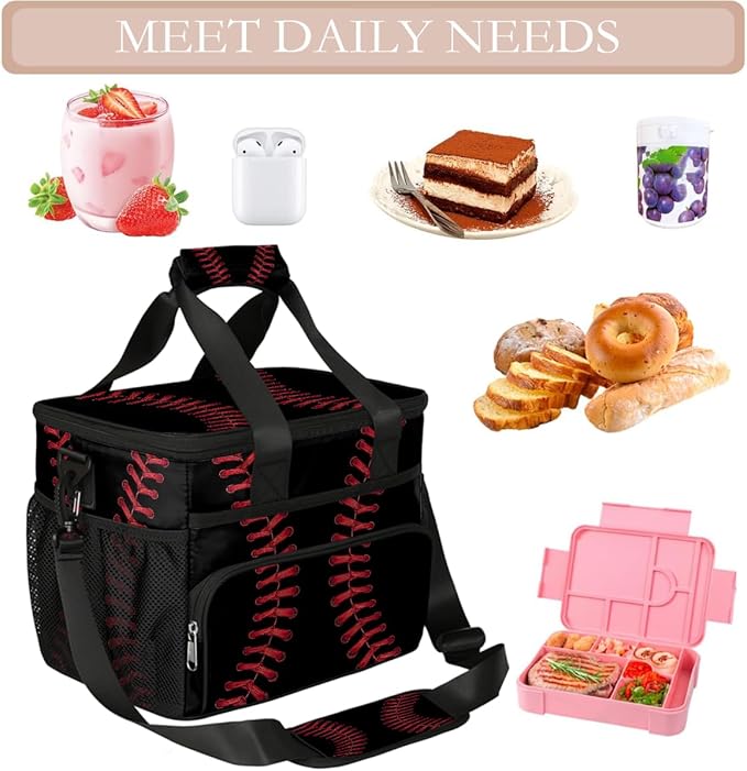 Black Baseball Stitches Laces Soft Cooler Bag Insulated Lunch Box for Men & Women, Large Leakproof Lunch Bag Portable Beach Cooler for Work, Picnic, Road Trips,Fishing, Travel, Camping,A-4
