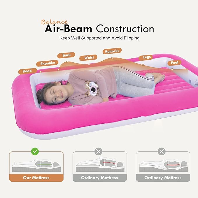 RAPTAVIS Kids Air Mattress Inflatable Toddler Travel Bed with Sides,Pink