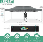 COBIZI 13x26 Pop Up Canopy Heavy Duty Canopy with Removable Sidewalls Party Tent Outdoor Wedding Large Event Tent with Roller Bag for Garden Lawn Waterproof UPF 50+ Easy Up, Gray (Framework Upgraded)