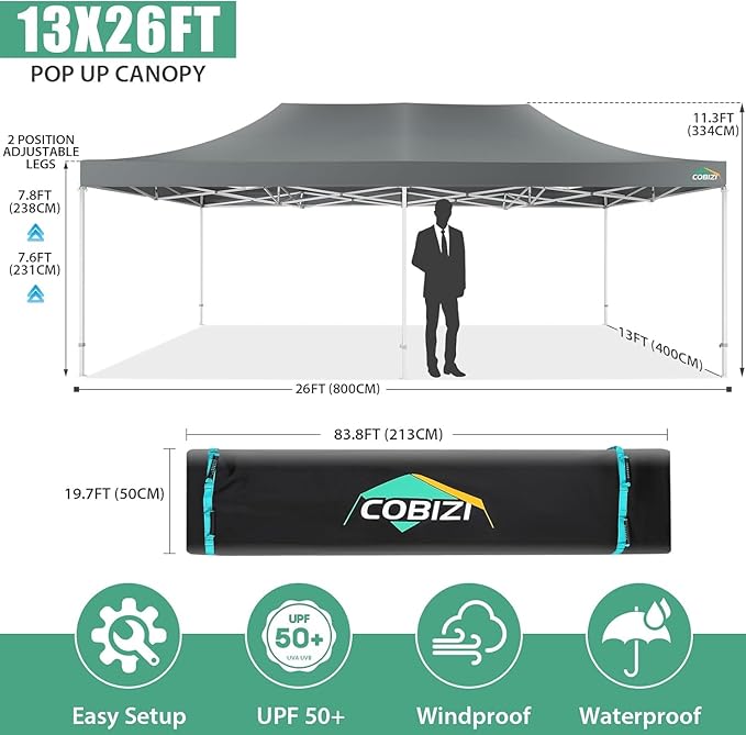 COBIZI 13x26 Pop Up Canopy Heavy Duty Canopy with Removable Sidewalls Party Tent Outdoor Wedding Large Event Tent with Roller Bag for Garden Lawn Waterproof UPF 50+ Easy Up, Gray (Framework Upgraded)
