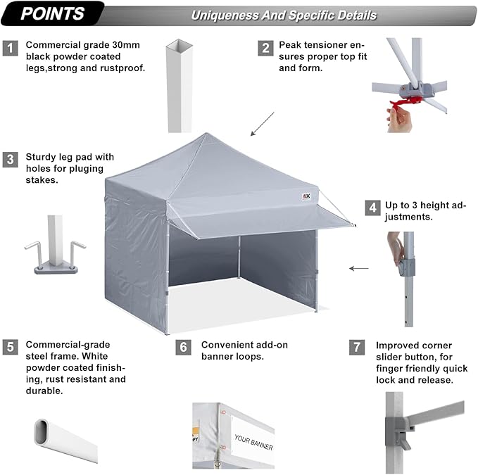 ABCCANOPY 10x10 Pop up Canopy Tent with Sidewalls - Easy up Canopies with Awning, Outdoor Tents for Parties, Market, Commercial Events, Gray