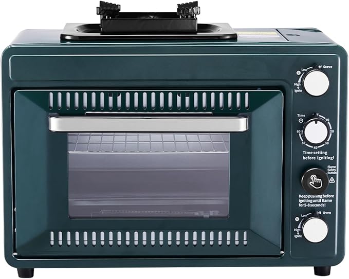 VEVOR Outdoor Camping Oven, 2-in-1 Portable Gas Camping Stove Oven Combo, Adjustable Fire, 60-Minute Timer, Windproof, for Camping Backyard Picnic Outdoor Cooking, Universal Butane Canister Compatible