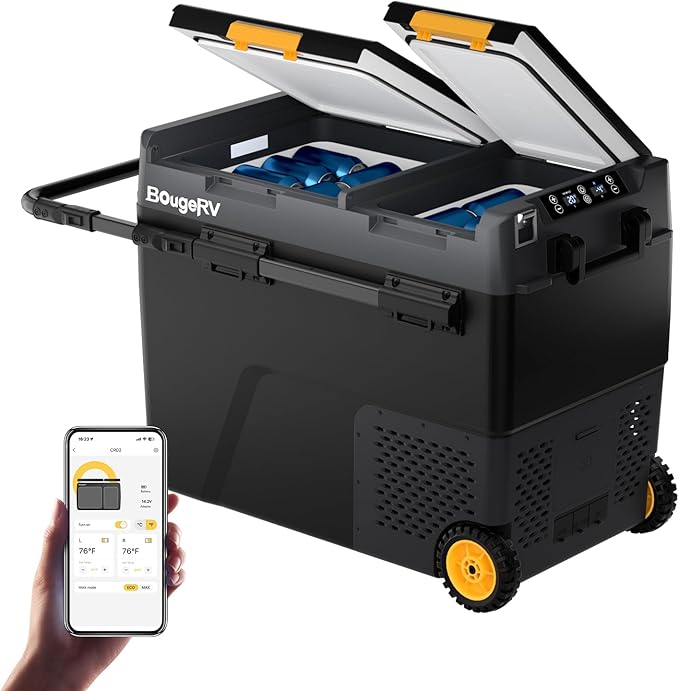 BougeRV 12 Volt Car Refrigerator, CRD2 61 Quart Portable Fridge Freezer with APP Control, -4℉ to 68℉ Dual Zone Compressor Electric Cooler 12/24V DC, 110~240V AC for Overlanding, Camping, RV, Truck
