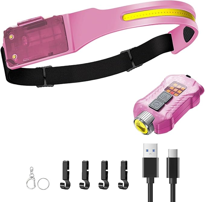 Headlamp Rechargeable LED Head Lamp with Motion Sensor, 2 in 1 Detachable 230° Wide Beam Headlight for Forehead, Hard Hat Headlamps for Adults, for Hiking, Repairing, Fishing, Running, Camping (Pink)