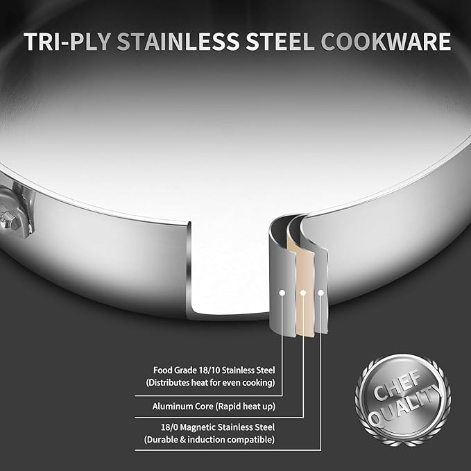 Tri-Ply Stainless Steel Paella Pan, 14.5 inch Large Skillet,12 Servings 18/10 Large Paella pan with Lid,Jumbo Cooker,Perfect for Outdoors, Camping, Parties