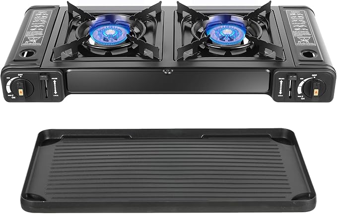 Double Burner Butane Stove, Butane Camping Stove Kit with Baking Pan and Carrying Case, Portable Camping Burner for RV, Apartments, Outdoor