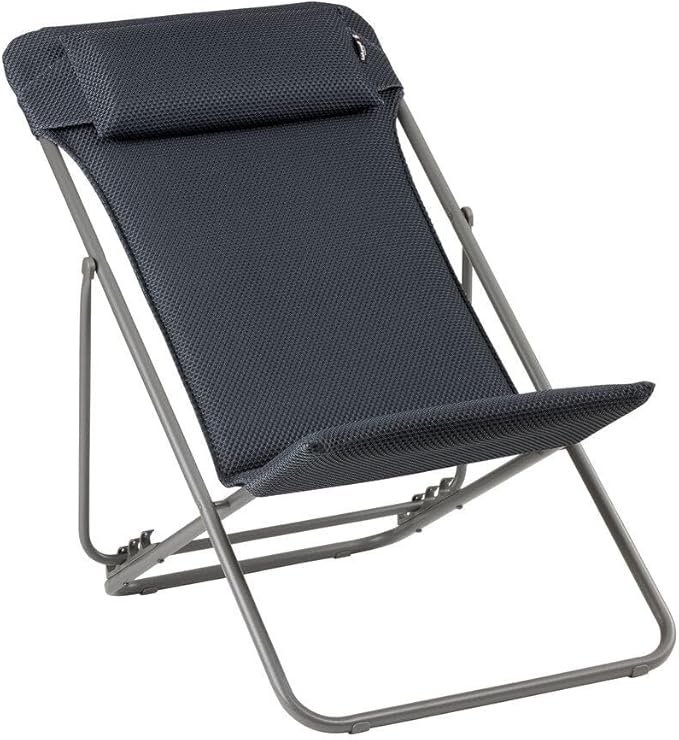 Lafuma Maxi Transat Plus Adjustable Foam Padded Ultra Compact Reclining Foldable Sling Chair with Headrest for Indoors and Outdoors, Dark Gray