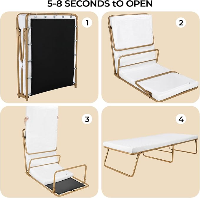 MAMIZO Folding Bed 75" x 31", Rollaway Bed with Mattress for Adults, Metal Frame with Memory Foam Mattress, Guest Bed for Bedroom,Office,Camp,No Assembly Required,Gold