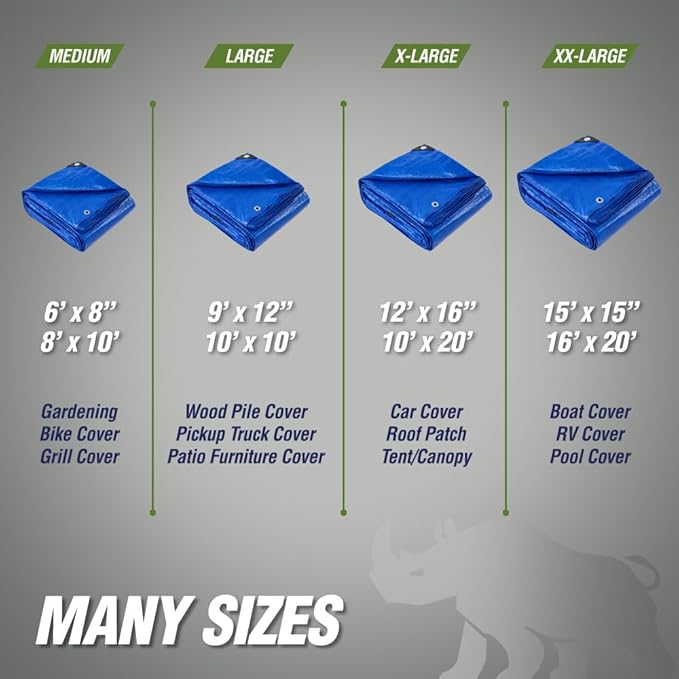 RUGGED RHINO All Weather 100% Waterproof Heavy Duty Tarp, 2 Pack, UV Temperature Resistant Tarps, High Durability Multipurpose Cover, for Home Outdoor Winter Snow Clean Up, Camping, 5 Mil, 6x8, Blue