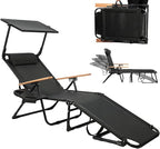 Folding Outdoor Chaise Lounge Chair with 360°Shade, 4 Position Portable Sun Tanning Chair with Headrest, Foldable Beach Lounge Chair with Cup Holders & Wooden Armrests for Patio Pool Lawn (Black-B)