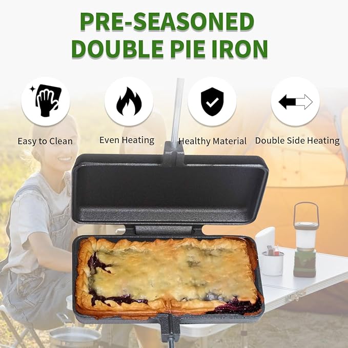 Double Pie Iron Sandwich Maker for Camping, Cast Iron Campfire Pie Cooker, Campfire Cooking Equipment Mountain Pie Maker