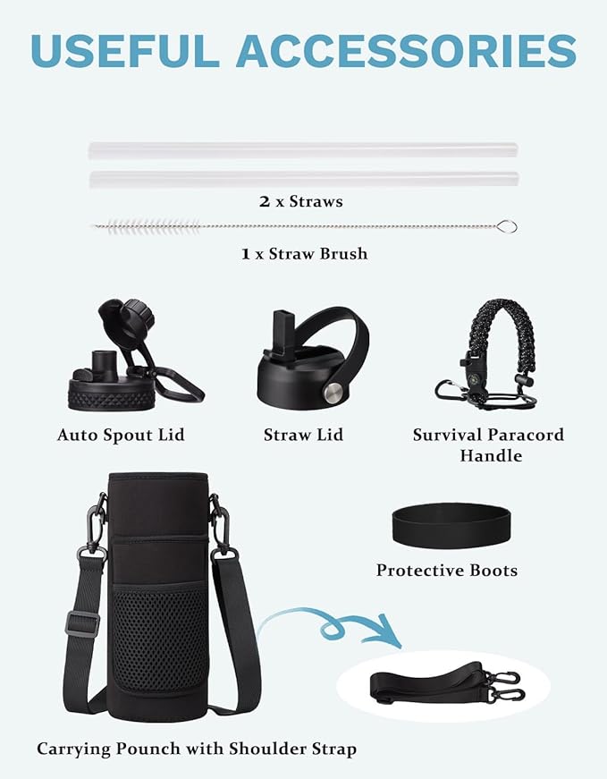 BENZZO 40 oz Insulated Water Bottle - w/Straw Spout Lids, Paracord Handle, Silicone Boot, Metal Flask Water Bottle Carrier with Strap, Leak Proof Stainless Steel Keep Cold 48h & Hot 24h