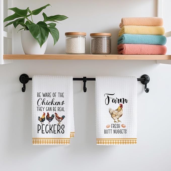 2Pcs Funny Kitchen Towels 24x14 Inch, Rooster Chicken Kitchen Decor Waffle Weave Hand Towels for Farmhouse, White Absorbent Microfiber Dish Cloth Tea Towel Chicken Gifts for Women Mom 4