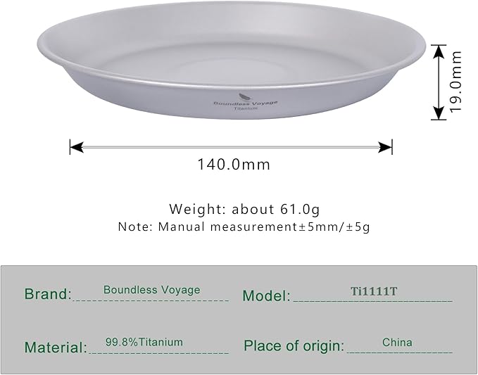Boundless Voyage Titanium Dish Plate Bowl Set with Carry Bag Outdoor Camping Pan Tableware Cookware Mess Kit for Food Fruit Sauce Ti1111T