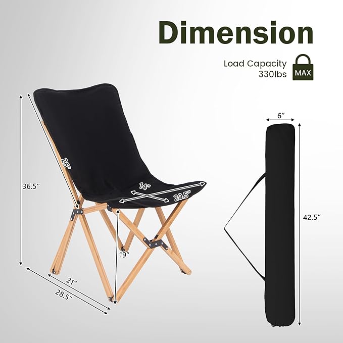 Giantex Camping Chairs 2 Pack, Folding Beach Chairs for 330lbs, Outdoor Butterfly Chair, Portable Lawn Chairs for Picnic Fishing Hiking Mountaineering, Lightweight Bamboo Frame No Assembly (Black)
