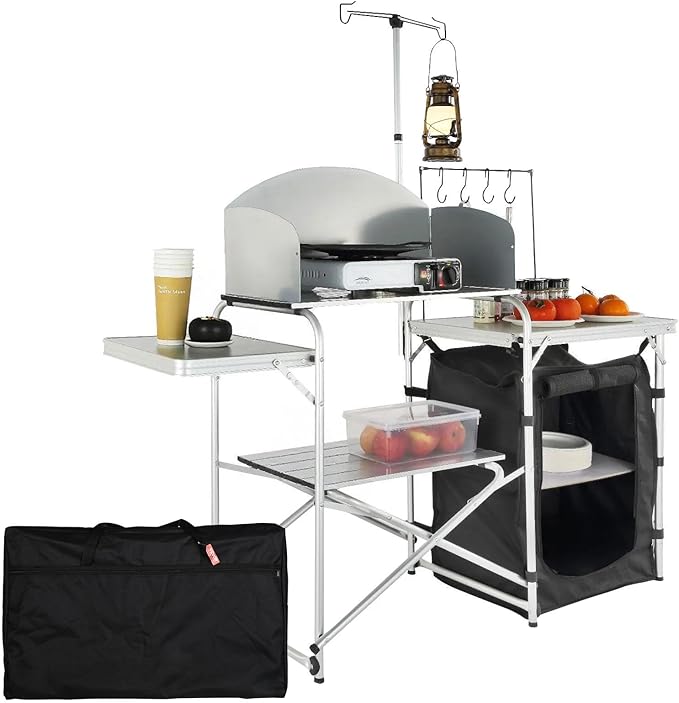 VEVOR Camping Kitchen Table, Folding Outdoor Cooking Table with Storage Carrying Bag, Aluminum Cook Station 1 Cupboard & Detachable Windscreen, Quick Set-up for Picnics, BBQ, RV Traveling, Black