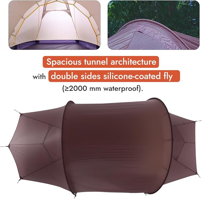 Gale Lite 2 Ultralight 2-Person Tunnel Tent – 2.89 lb, Double Silicone-Coated Fabric, Compact 3-Season Backpacking Shelter – Wine Brown